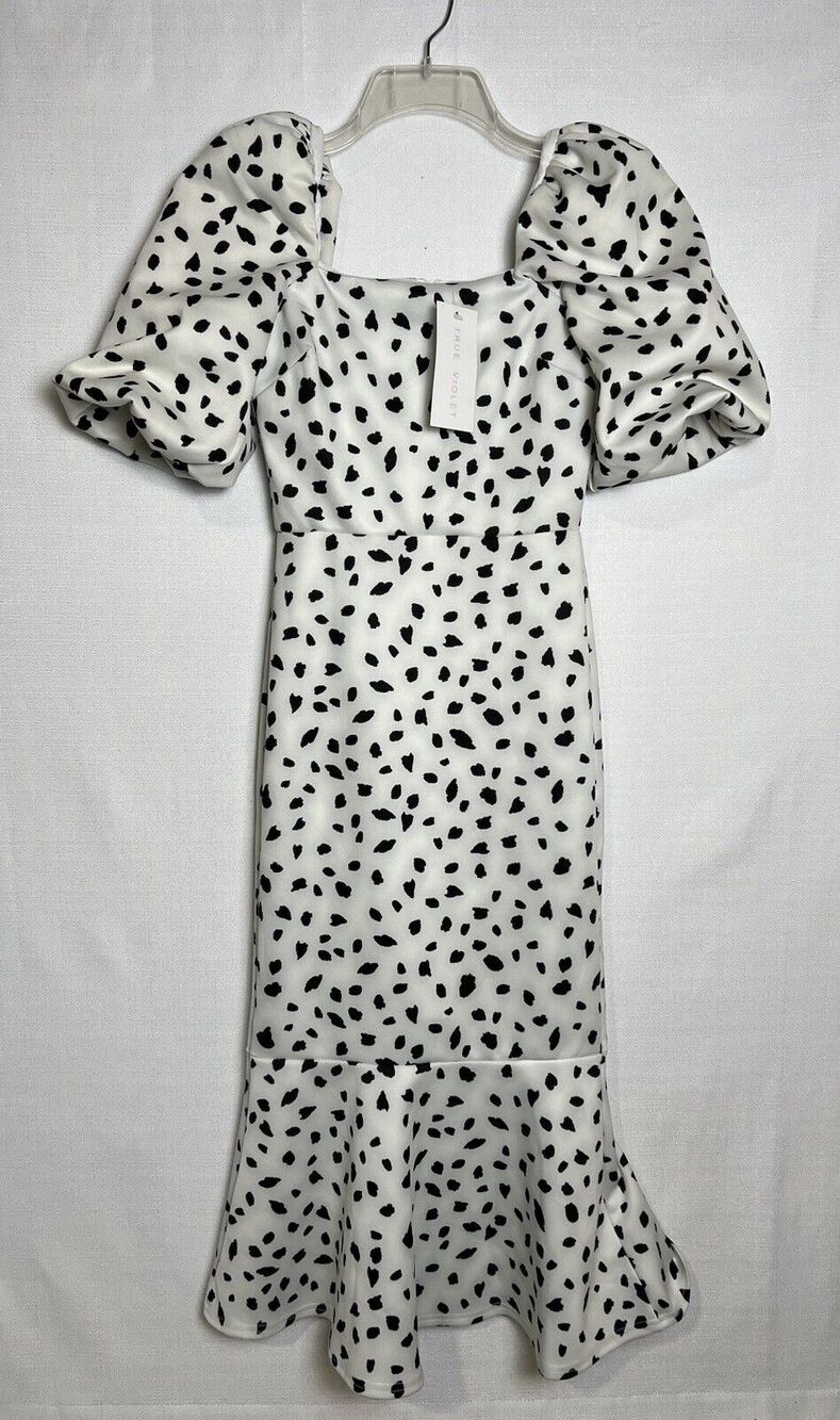 TRUE VIOLET PUFF SLEEVE SQUARE NECK MIDI DRESS IN MONO SPOT PRINT Size 6 NWT